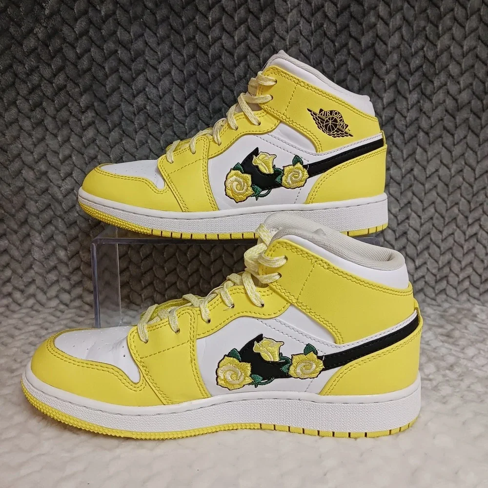 Air Jordan 1 Retro Mid SE GS Dynamic Yellow Floral Rose Patch Shoes Size 4.5Y